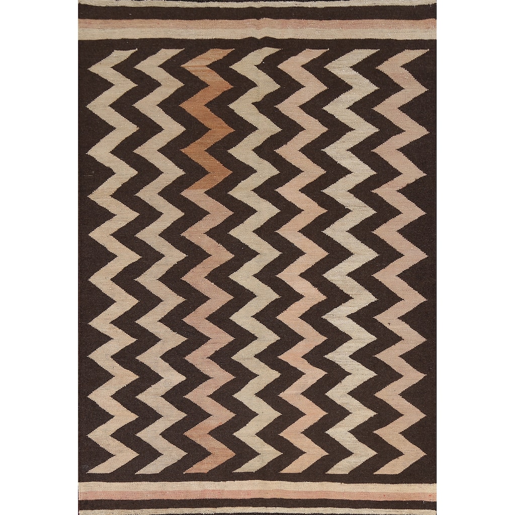 Chevron Style Kilim Natural Dye Wool Area Rug Flat-weave Foyer Carpet - 5'2" x 6'11"