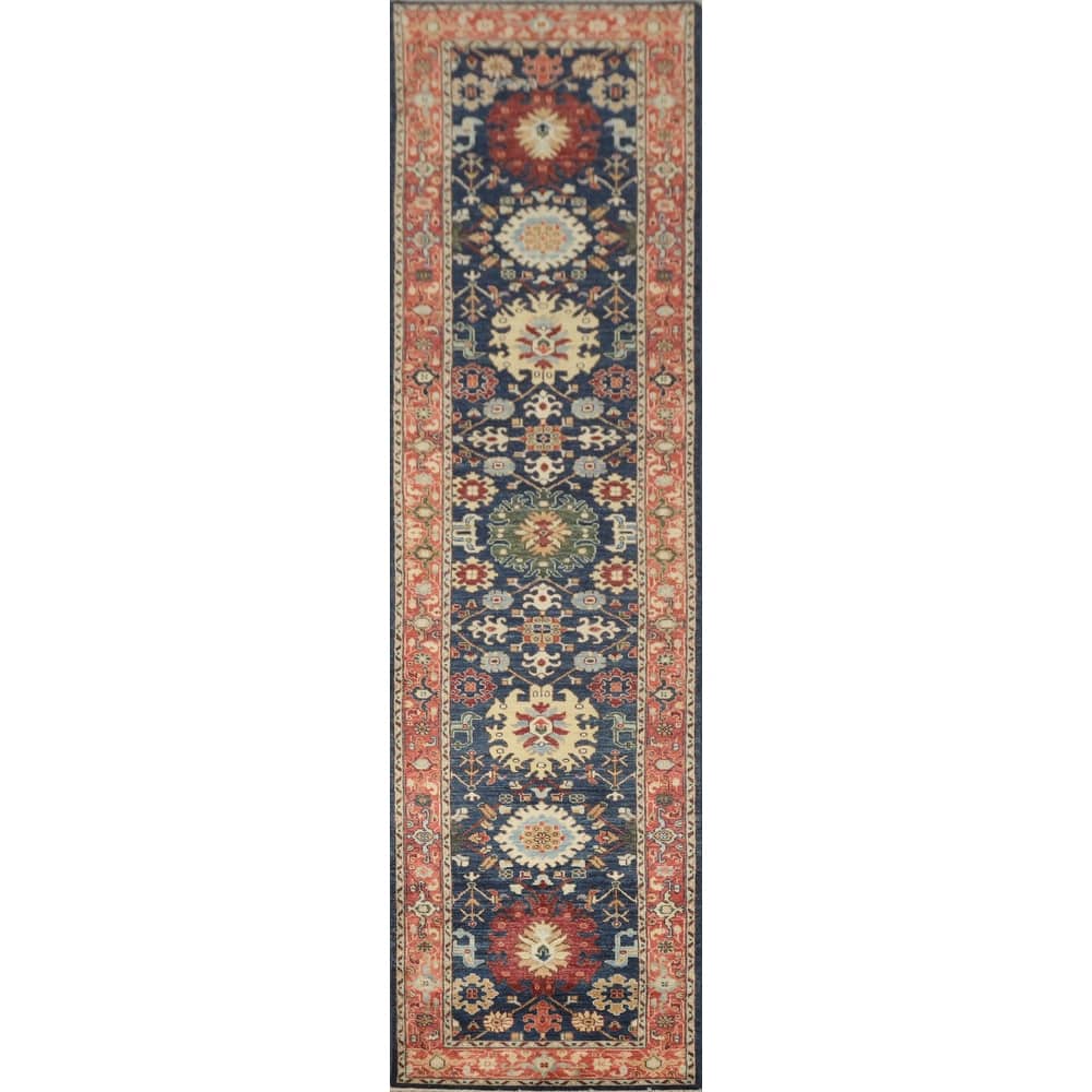 Hand Knotted Oriental 100% Wool Carpet Traditional All-Over Navy Blue & Blues Ziegler Runner Rug - 11' 7'' X 2' 5''