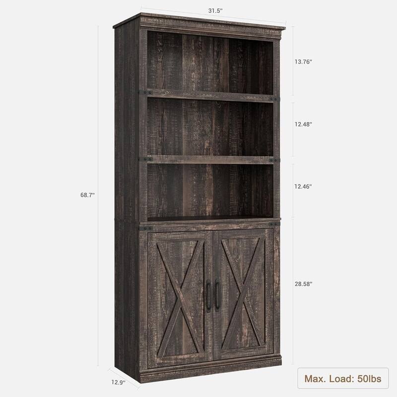 5 Tier Vintage Bookshelf Tall Farmhouse Bookcase with Doors - N/A