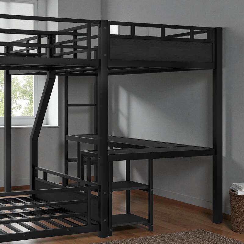 Metal Triple Bunk Bed with L-Shaped Desk, Storage Shelves & Slide, Twin/Twin XL over Full/Queen Space-Saving Loft Design