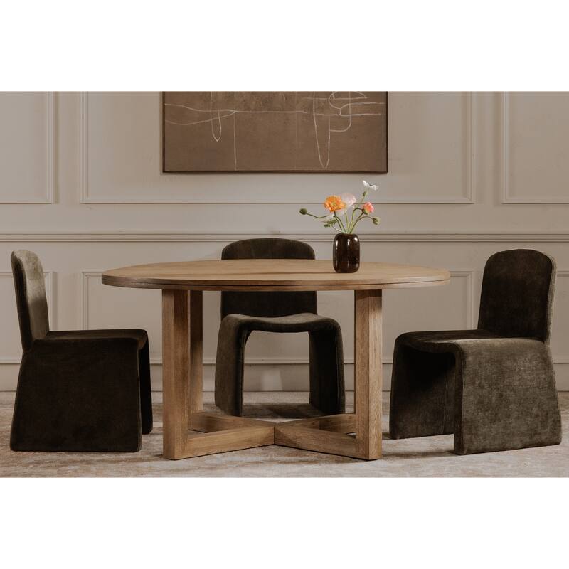 NADAAL STUDIOS Arlisse Dining Table for 6, Round Oak Wood Top, Dual-Layer Top with V-Groove Iron Crossing Base, Dark Brown