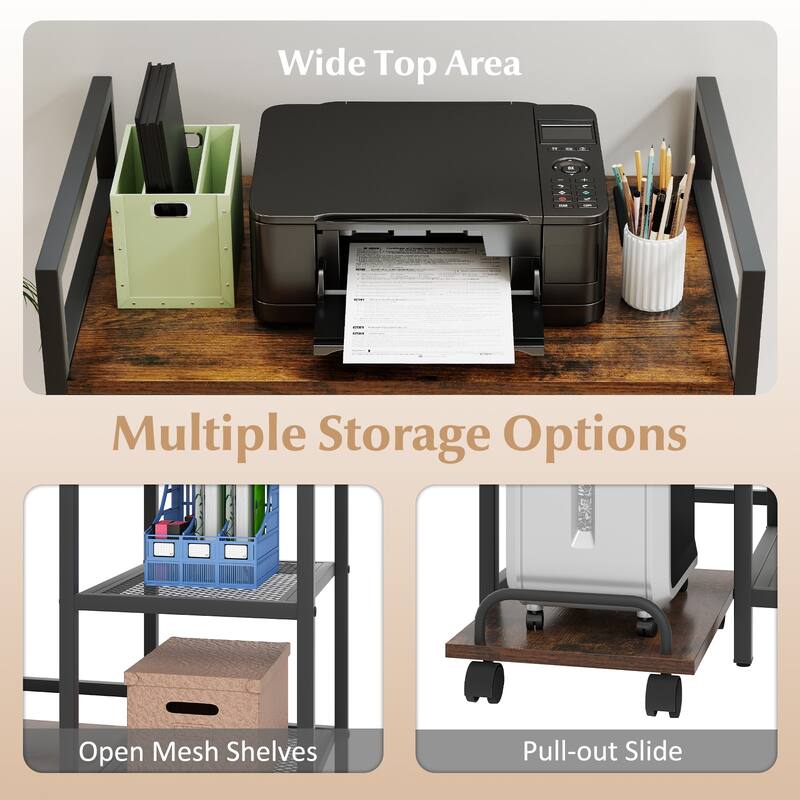 Gymax 25'' x 16'' 3-Tier Printer Table w/ Storage Shelves Wheels for