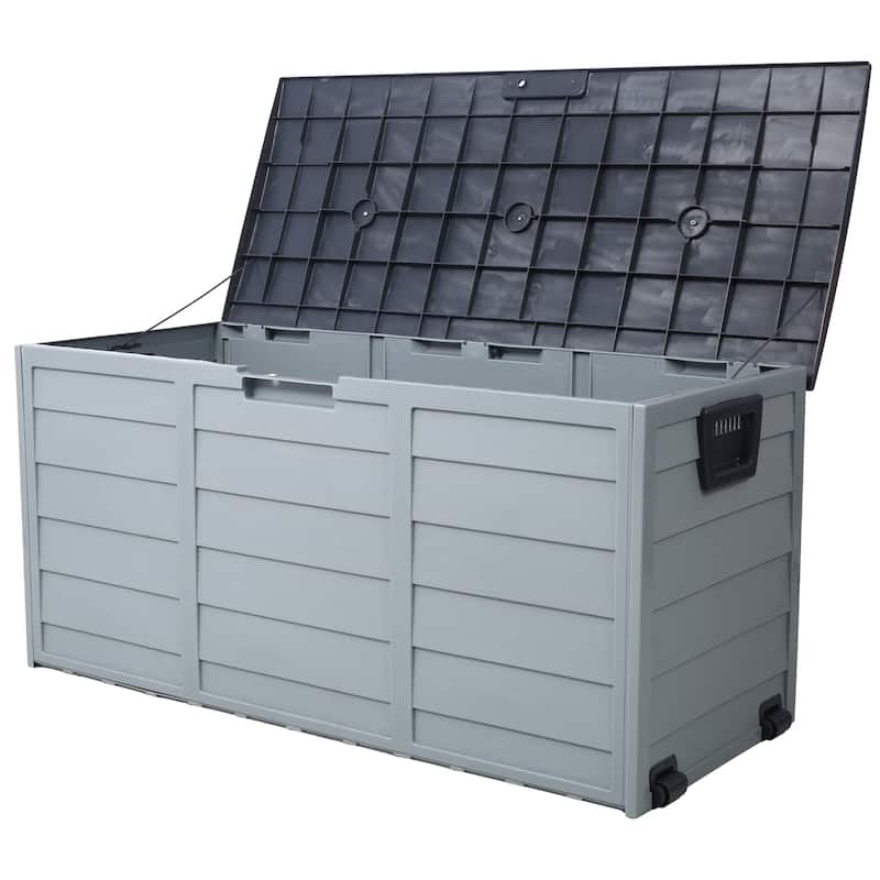 Grey Compact Wheeled Storage Deck Box with 4 Wheels and Weatherproof for Garage and Poolside Garden​​