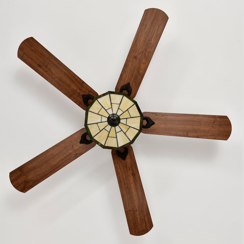 Margno 52-Inch Flushmount Lighted Ceiling Fan Jewel Cut Design Tiffany Glass Lamp Black Finish