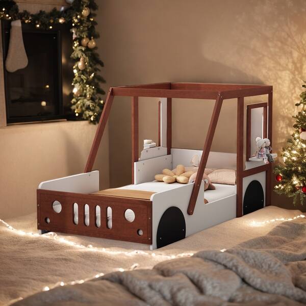slide 2 of 10, Car-Shaped Twin Bed for Kids, White & Orange, Playful & Safe Design White + Orange