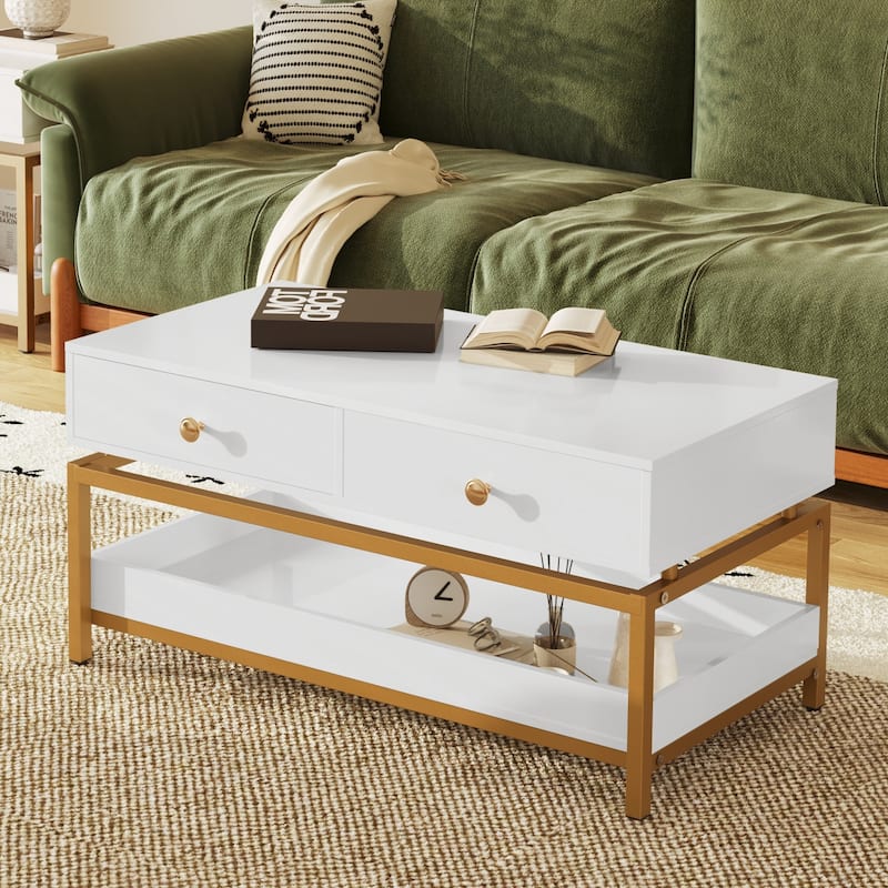 Coffee Tables for Living Room, 39.4" Modern Coffee Table with 2 Drawers and Open Shelf, Wood Center Table with Storage - Gold+White