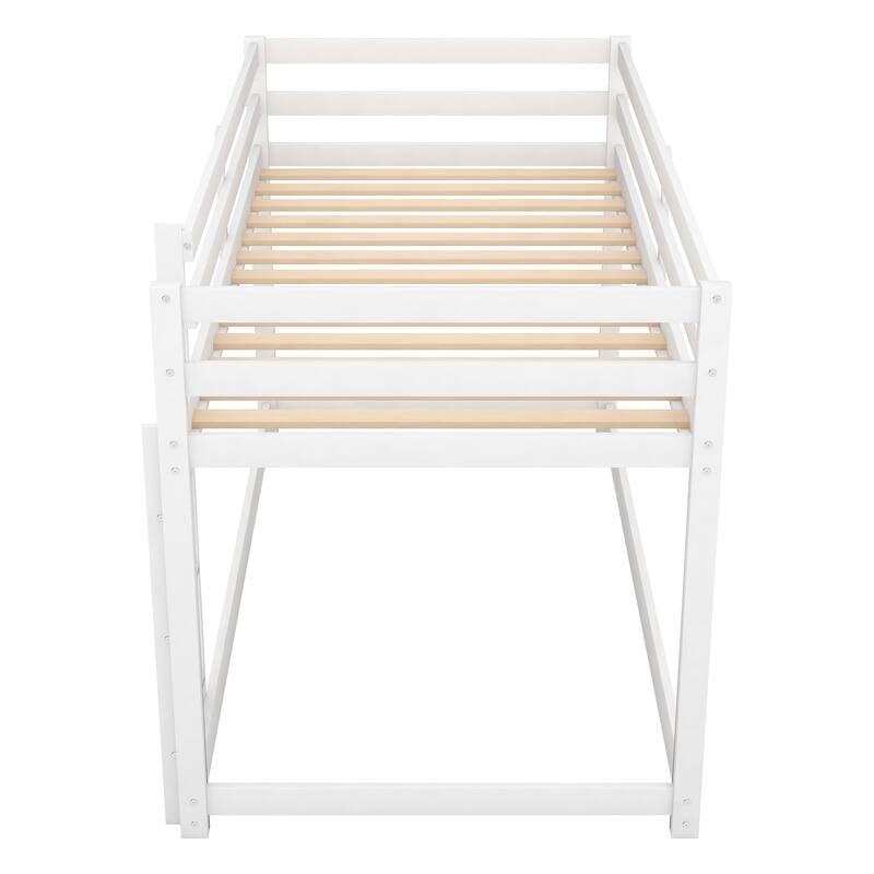 Low Profile Twin Over Twin Bunk Bed with Ladder, White, Solid Wood, Space-Saving Design