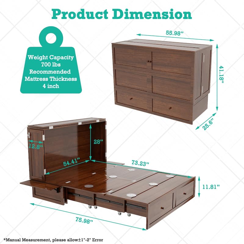 Solid Wood Murphy Bed Full Size with Storage | Space Saving Walnut Cabinet Bed with Easy Pull-Out Mechanism for Bedroom