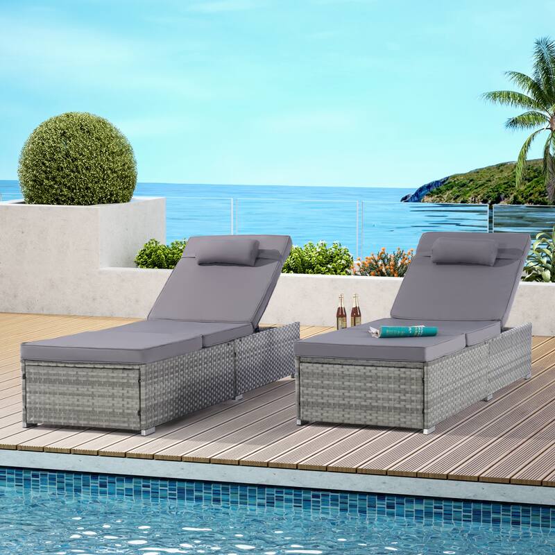 Set of 2 Outdoor Rattan Chaise Lounge with Adjustable Backrest