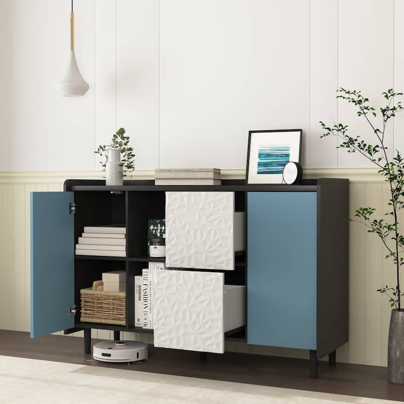 Sideboard Cabinet with Doors & 2 Drawers, Freestanding Coffee Bar Cabinet, Accent Cabinet with 2 Open Storage Compartment