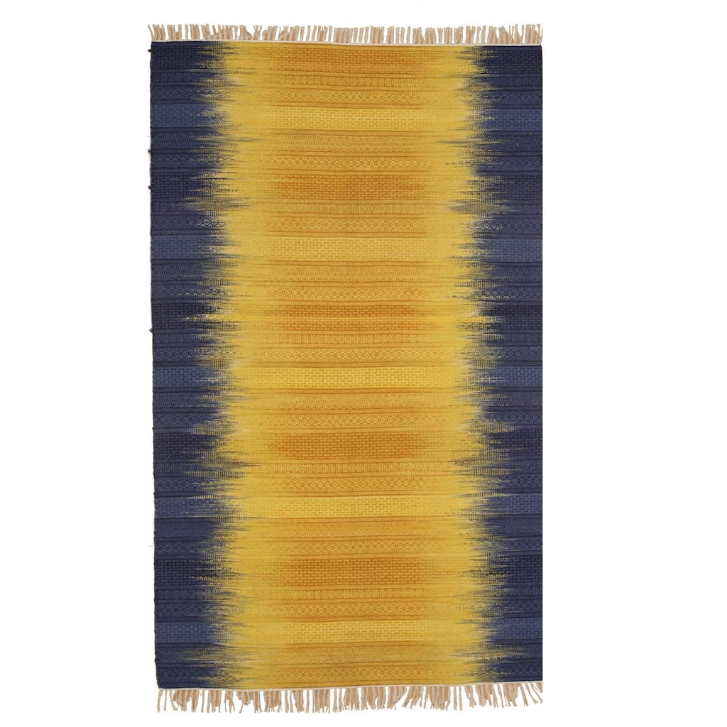 Yellow and Blue Reversible Handmade Wool Flatweave Rug, 9' x 12', Soft Durable Design - L