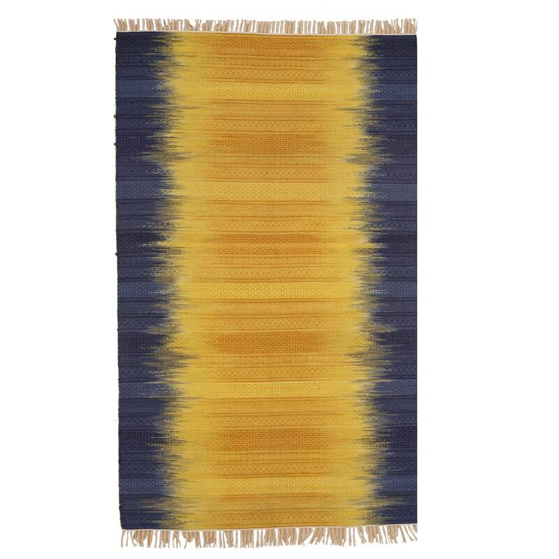 Yellow and Blue Reversible Handmade Wool Flatweave Rug, 9' x 12', Soft Durable Design - L