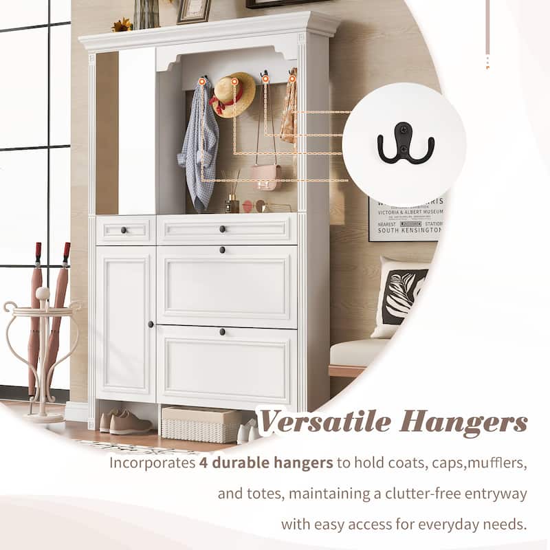 54.7in Hall Tree with Integrated Shoe Cabinet and Mirrored Cabinet Door