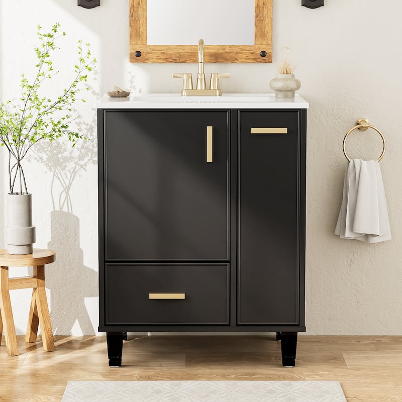 24" Bathroom Vanity with Sink, Bathroom Cabinet with Door Shelf, Deep Drawer, 2-Tier Pull-Out Basket - Black