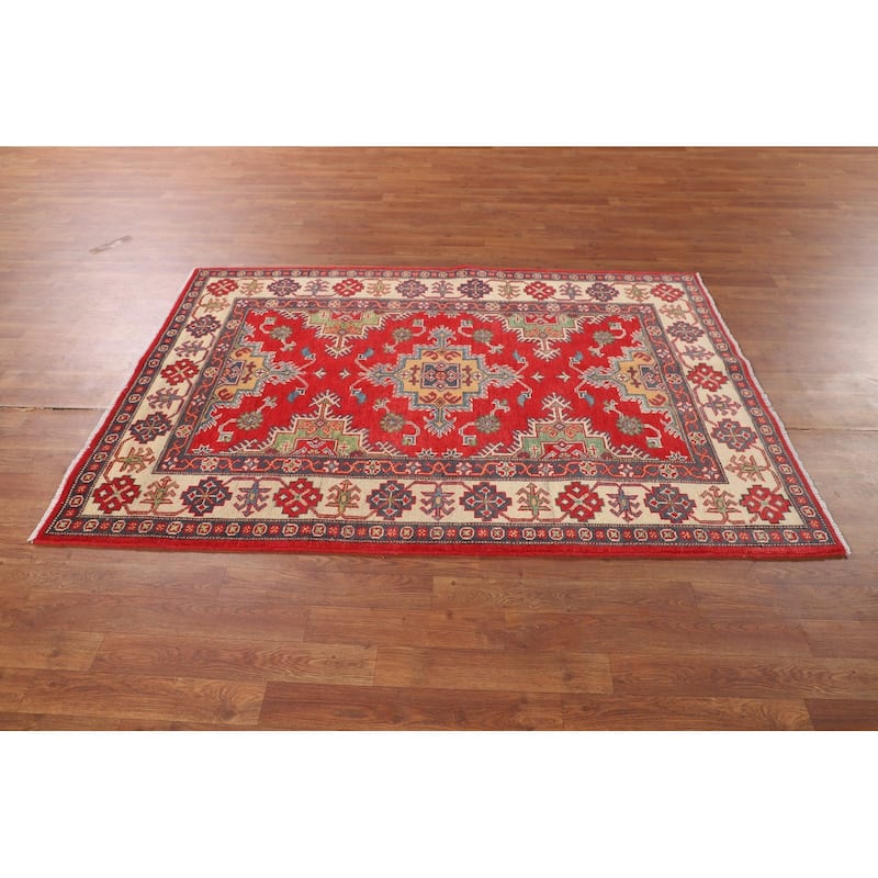 Kazak Oriental Area Rug Hand-Knotted Bedroom Red Wool Carpet - 4'2" x 6'0"