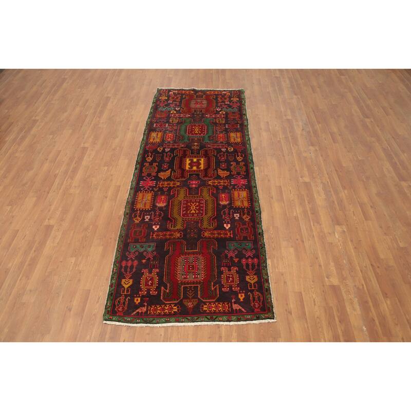 Hand Knotted Oriental 100% Wool Carpet Traditional Tribal Purples Ardebil Runner Rug - 9' 6'' X 3' 5''
