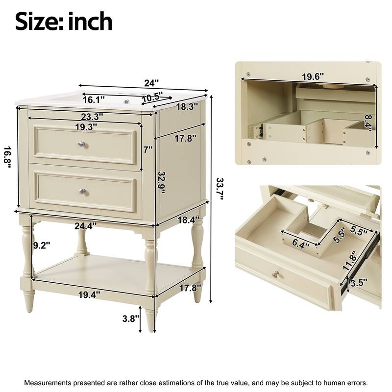 24" Bathroom Vanity with Ceramic Sink, Bathroom Storage Cabinet with Open Shelf, Retro Design Bathroom Cabinet with 2 Drawers