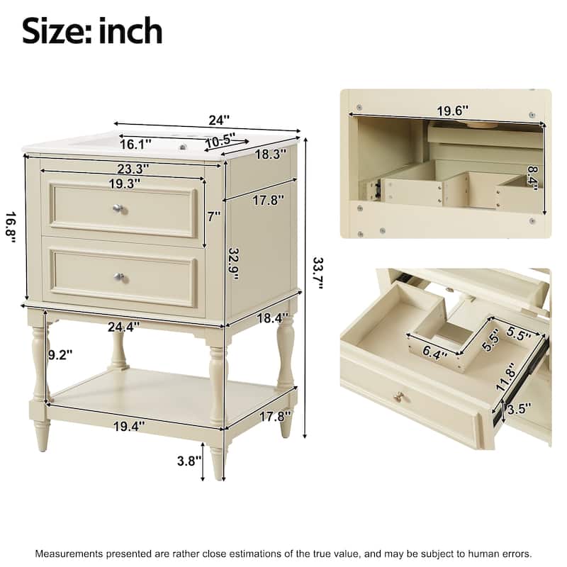 Retro Small Bathroom Vanity with Open Shelf, Ceramic Sink Cabinet