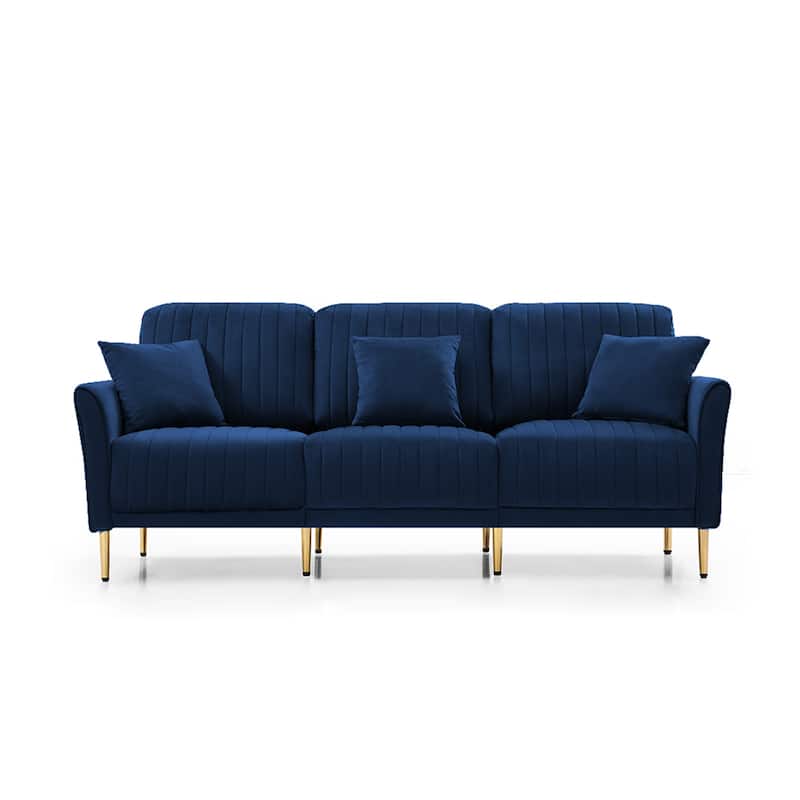 3-Seat Sofa Velvet Upholstered Living Room Tufted Back Couch Sofa with Reversible Cushions and Metal Legs, Includes Pillows