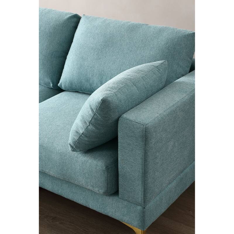 92'' Fabric L-Shape 3-Seater Sofa with Ottoman, Gold Metal Legs, and Toss Pillows