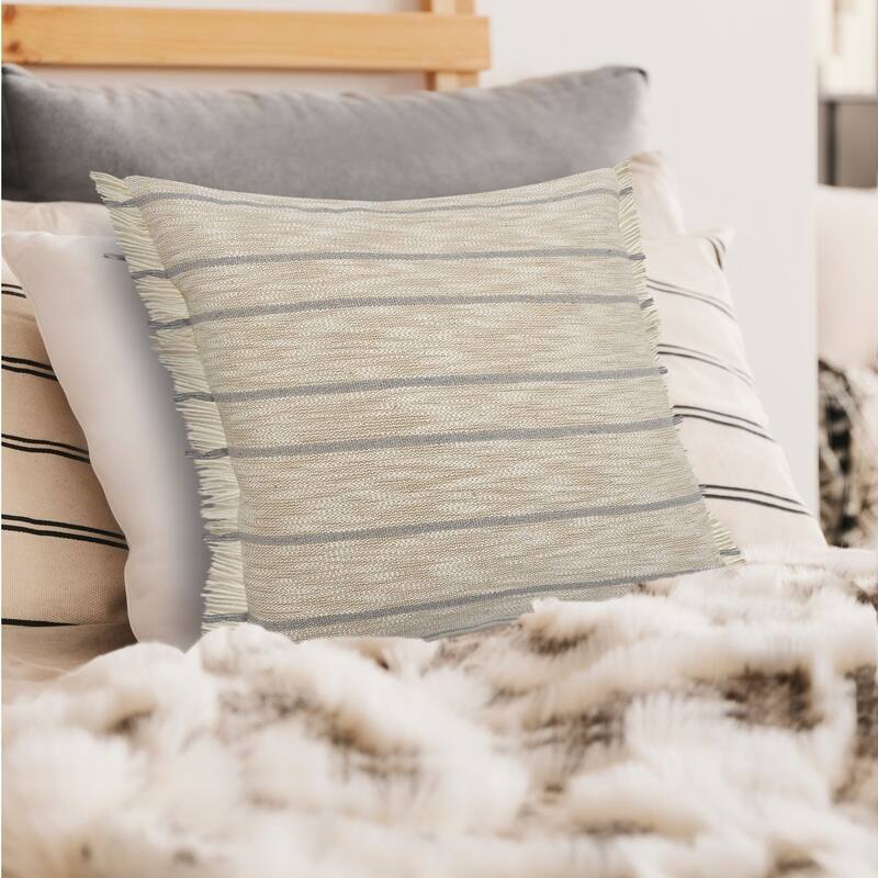 20" Taupe Brown and Blue Striped Square Throw Pillow with Fringe