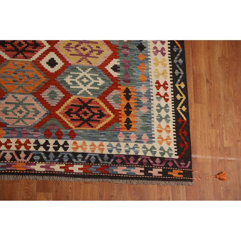 Geometric Kilim Oriental Area Rug Reversible Flatweave Wool Carpet - 10'3"x 13'0"