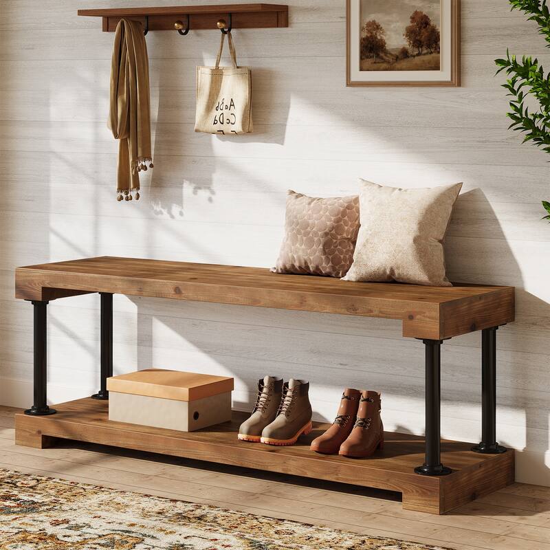 63" Solid Wood Entryway Bench, Industrial Storage Bench with Shelf
