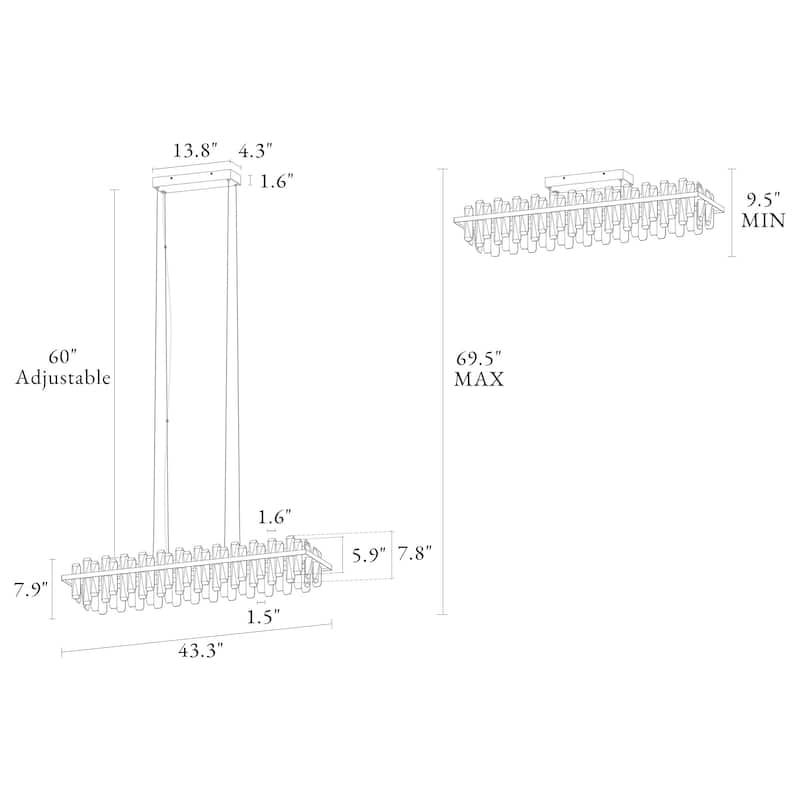 Modern 1-Light LED Crystal Chandelier Gold Rectangle Island Lights for Dining Room - W43.3" x H7.9"