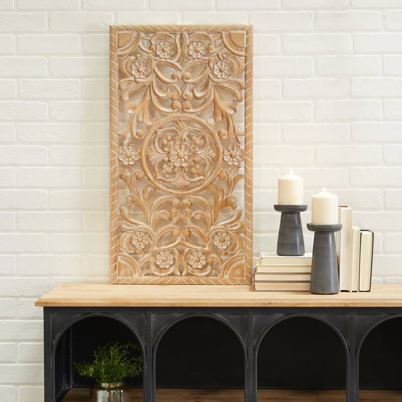 Brown Wood Handmade Intricately Carved Floral Home Wall Decor