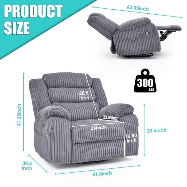 dimension image slide 3 of 4, 270° Swivel Velvet Recliner, Extra Wide Power Recliner Chair w/Heat Massage - USB & Type C Charging Port