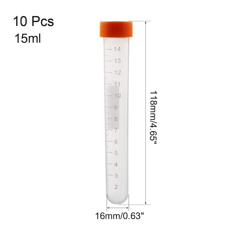 10 Pcs 15ml Plastic Centrifuge Tubes with Screw Cap Round Bottom Graduated Marks - Clear