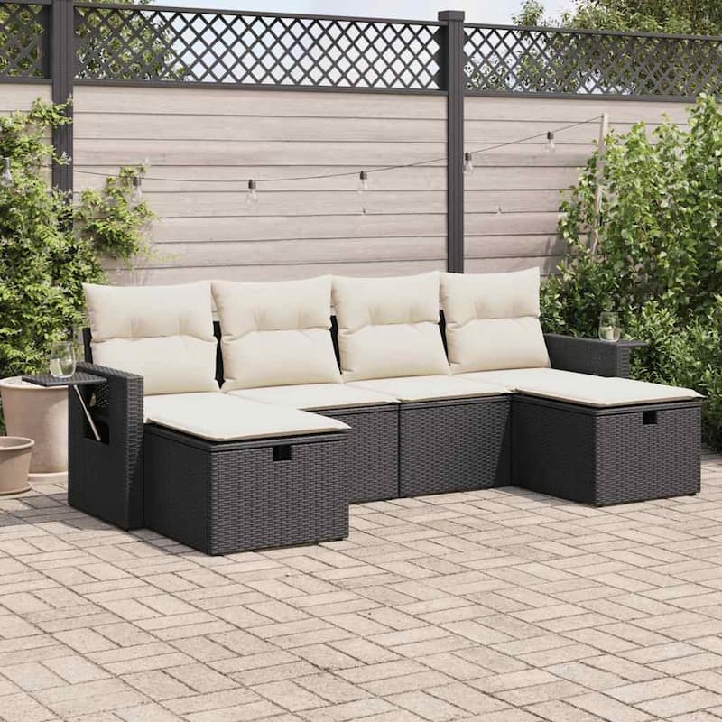 vidaXL Patio Sofa Set with Cushions Outdoor Furniture 6 Piece Poly Rattan - Black and cream 6 Piece