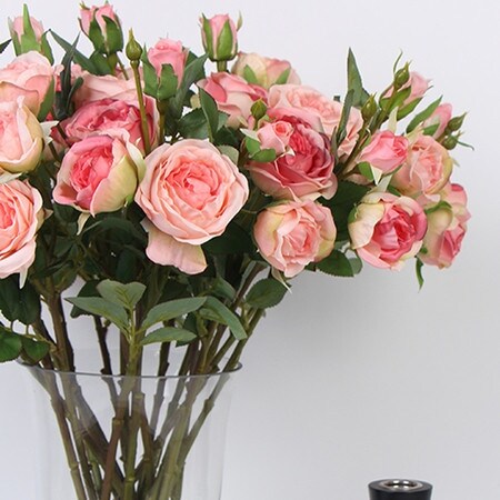 FloralGoods Silk 3 Rose Bloom Stem in Pink and Champagne Pink 17" Tall