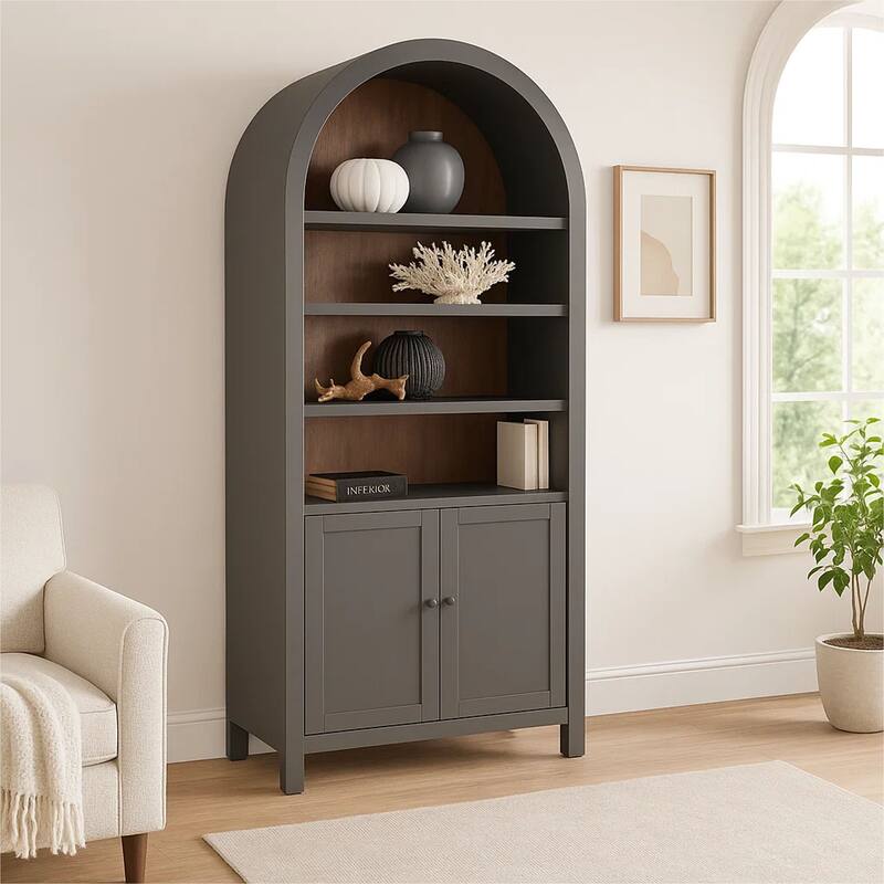 Xeny Arched Display Cabinet, 3 Shelves w 2 Doors, Gray Mahogany Wood