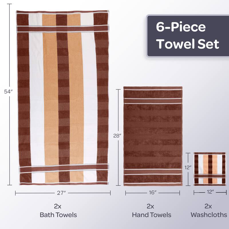 6PC Towel Set - Absorbent Cotton Bathroom Accessories Solid and Striped Towels by Windsor Home