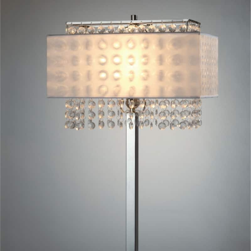 28" Tall Metal Table Lamp w/ Silver finish, White Shade w/ Crystal Accents