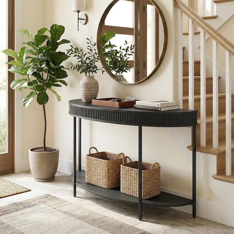 Fluted Half Moon Console Table, 47" Width Modern 2-Tier Black Entryway Console for Living Room Hallway Foyer
