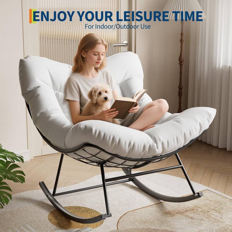 Outdoor Papasan Rocking Chair, Oversized Rocking Chair with Sturdy Metal Frame, Patio Rattan Egg