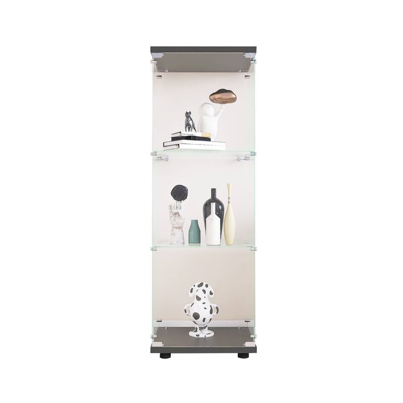 One-Door Glass Display Cabinet with 3 Shelves, Floor Standing Curio Bookshelf with Tempered Glass for Living Room Bedroom Office