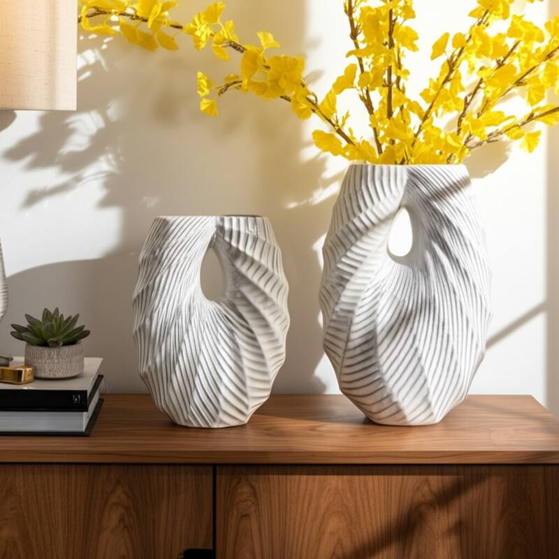 Ceramic Decorative Vase with Coastal Shell and Wavy Textured Design