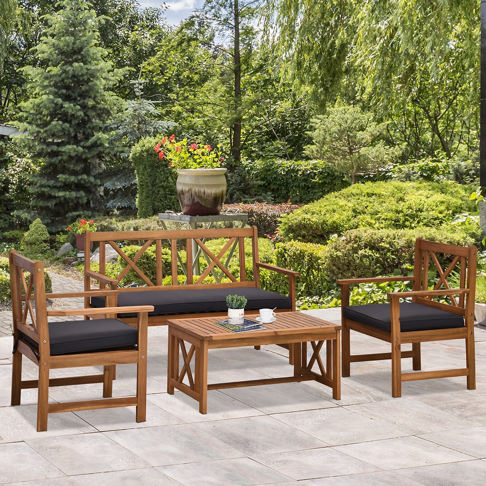 Shop Outsunny 4 Piece Acacia Wood Outdoor Patio Furniture Set With 2 Armchairs 1 Sofa 1 Coffee Table Cushions Included Overstock 31149053