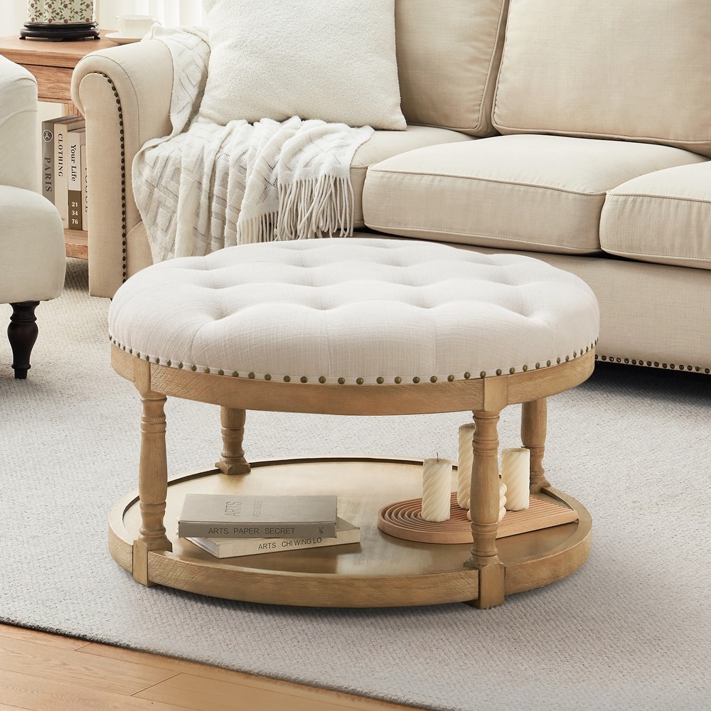 HUIMO 33in Round Upholstered Solid Wood Ottoman Coffee Table with Storage Shelf