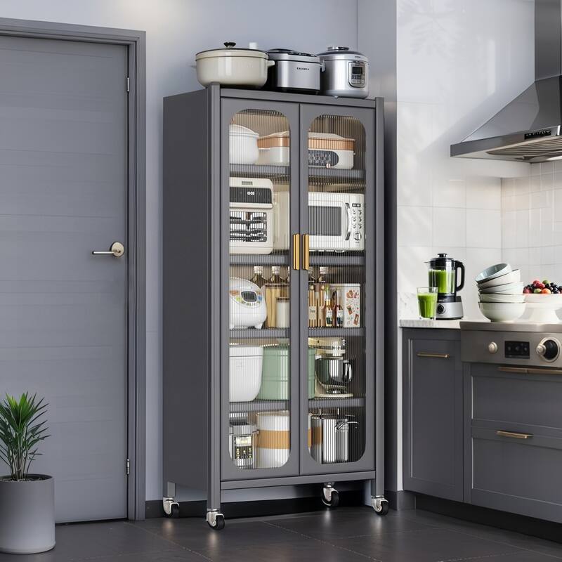 Anmytek 65" Gray Freestanding Kitchen Pantry Cabinet with Wheels, Adjustable Shelves and Transparent Doors - Gray