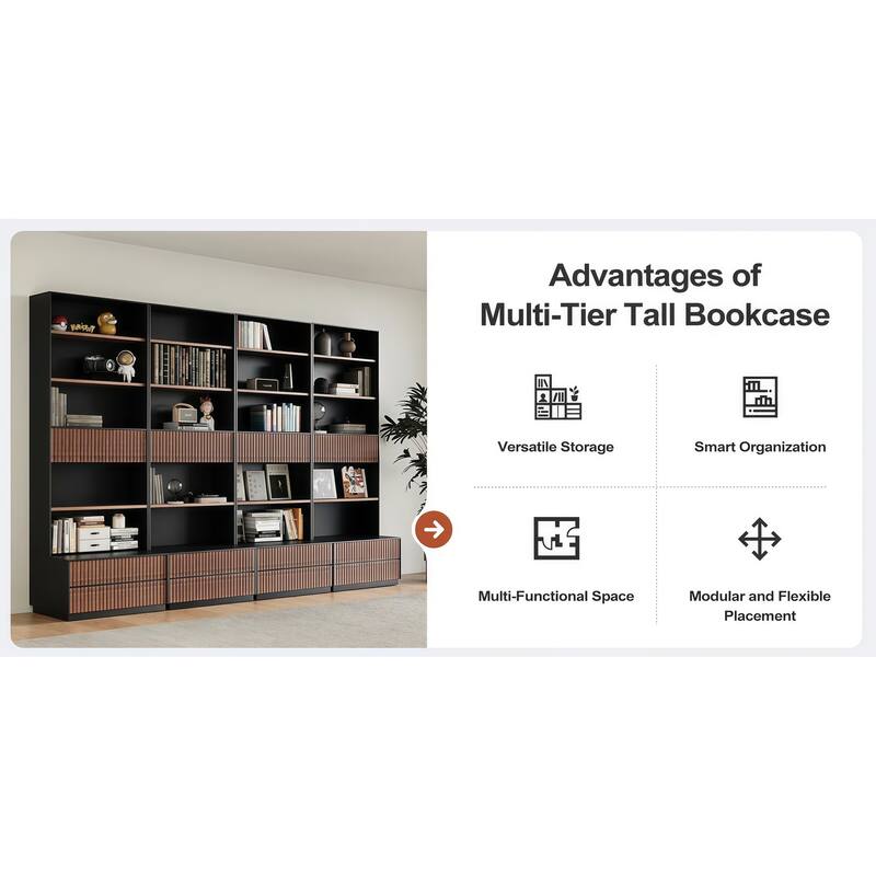 85.8'' Tall Bookcase with Movable Footstool and 6-Tier Open Shelves Storage Drawers