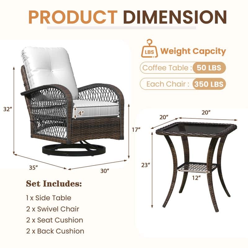 Outdoor Swivel Rocker Bistro Set - 3 Piece Wicker Patio Set with Swivel Rocking Chairs, Cushions, and Tempered Glass Side Table
