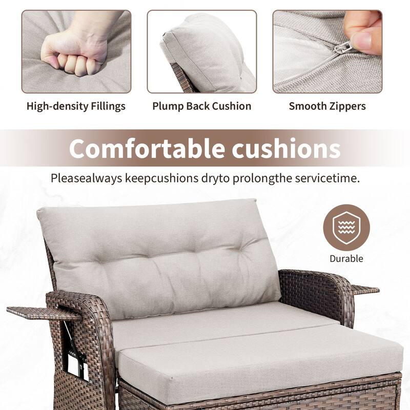 Gymojoy Adjustable Outdoor Wicker Daybed Patio Sofa Bed, 5-Position with Storage Ottoman