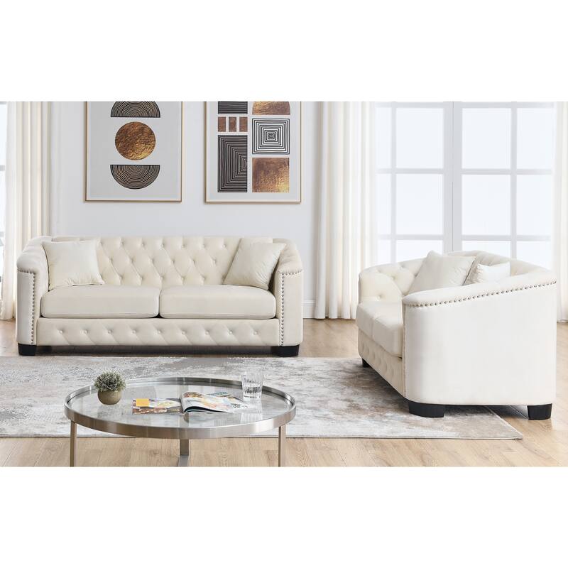 Velvet 3-Person Sofa with Nailhead Trim and Handcrafted Design - Beige