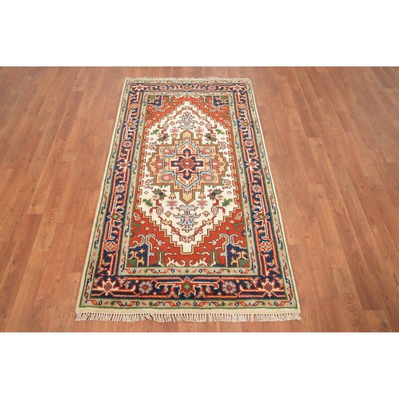 Hand Knotted Oriental 100% Wool Carpet Traditional Medallion Beige & Ivories Heriz (serapi) Area Rug - 5' 2'' X 2' 11''