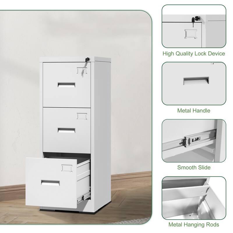 3 Drawer Metal Vertical File Cabinet with Lock and Card Slot File Cabinet for A4 Legal/Letter Size Narrow File Cabinet Locked