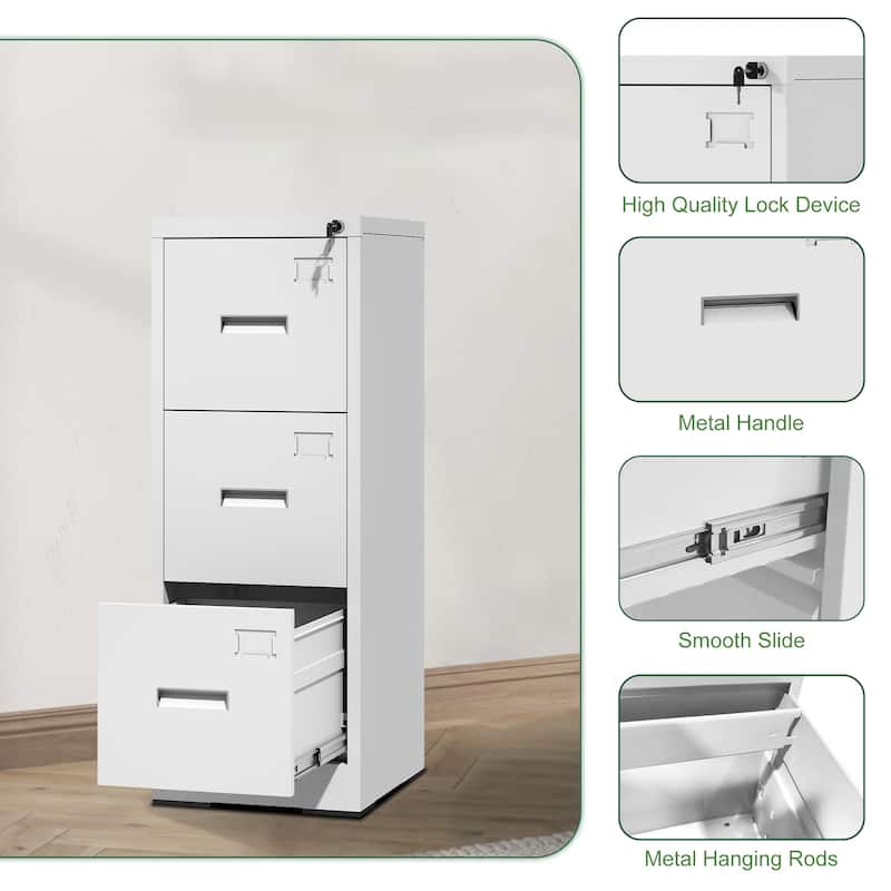 Modern Narrow File Cabinet Vertical Filing Cabinet with 3 Drawers, Locks and Card Slots, for Home Office, White